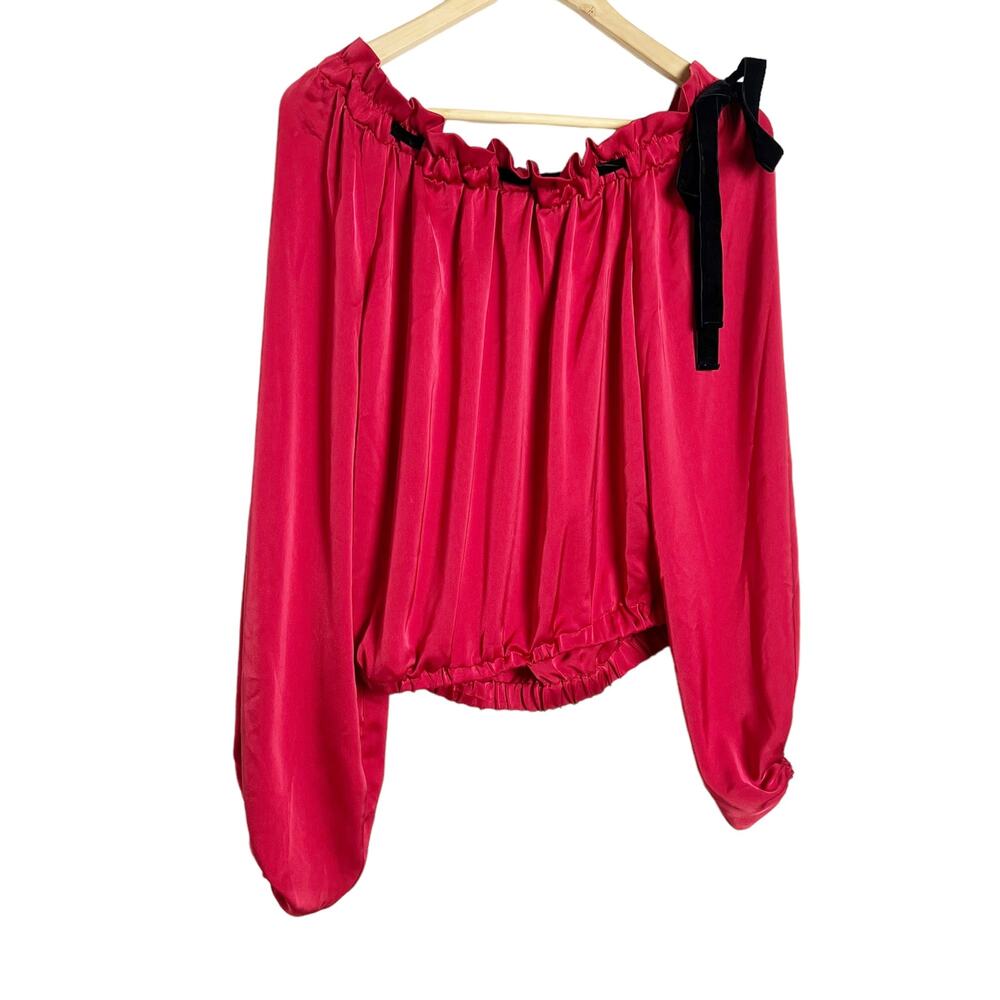 Ramy Brook Red Off the Shoulder Bow Shoulder Long Sleeve Satin Top Size S